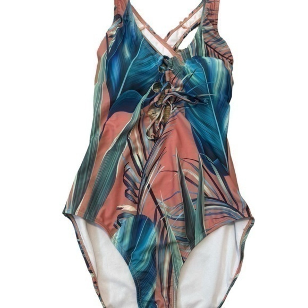 Nani one piece front tie up full coverage tropical swimsuit EUC